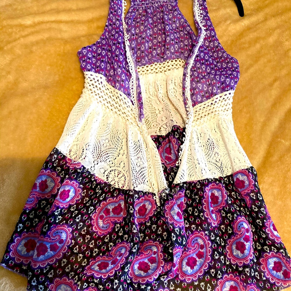 Belle du Jour Purlple print & White Lace Vest